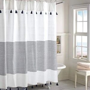 New Panama Stripe Boho Farmhouse Tassel Shower 72"W x 72"L White Navy Cotton